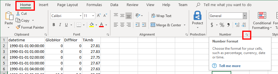 Home and Number in Excel ribbon