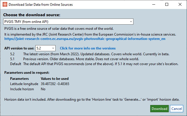 PVGIS Download dialog