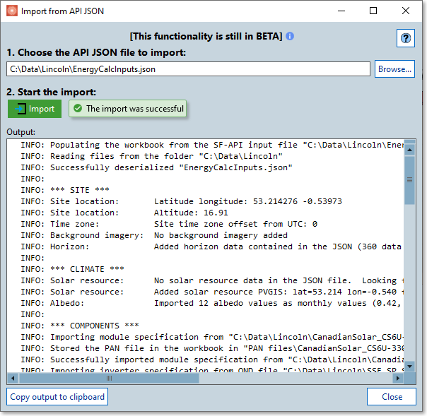 Import from API JSON dialog - with output