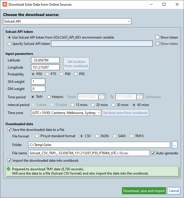 Solcast API Download dialog