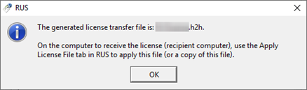 R U S Transfer License Tab Generate License Transfer File Success